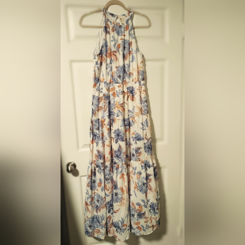 NWT JAPNA Maxi Dress White Blue Floral Halter Lined Maxi Dress Women’s Sz Large